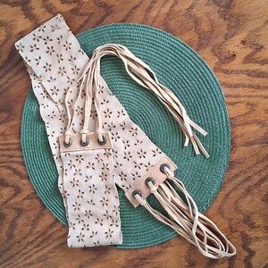 Suede Tan Leather Laser Cut Flower Tie Front Boho Fringe Belt
